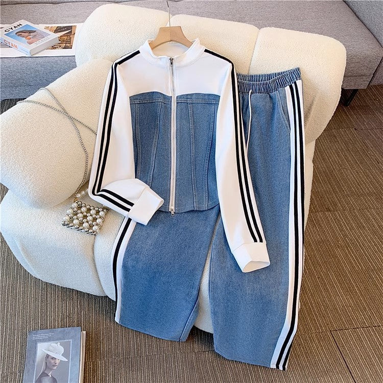 Fashionable zipper denim two-piece set - spring/autumn 2025 new collection: denim patchwork long-sleeve top & wide-leg pants