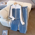 Fashionable zipper denim two-piece set - spring/autumn 2025 new collection: denim patchwork long-sleeve top & wide-leg pants