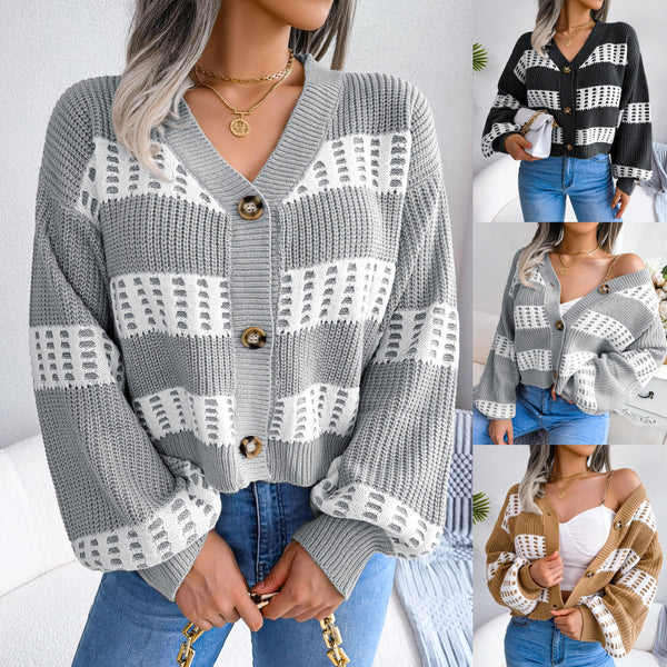 ins wind real shot autumn and winter European and American design contrasting color lantern sleeves cardigan sweater jacket, independent station  women's clothing