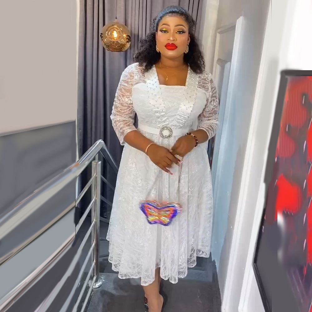 African clothing plus size women's lace rhinestone a-line dress  high waist evening gown dress with belt