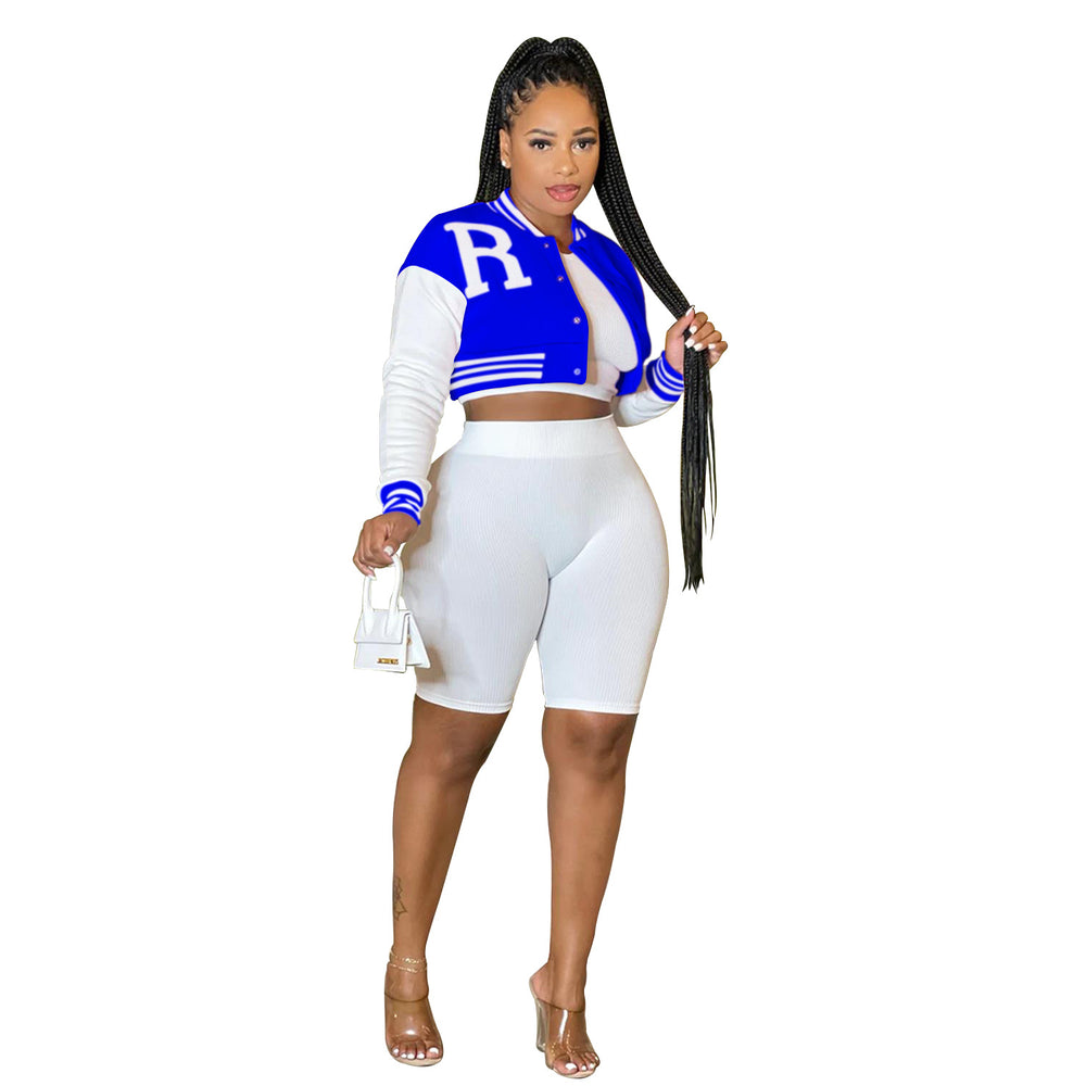 X6001 cross-border   fashion women's long-sleeved cropped jacket with lined shorts three-piece set
