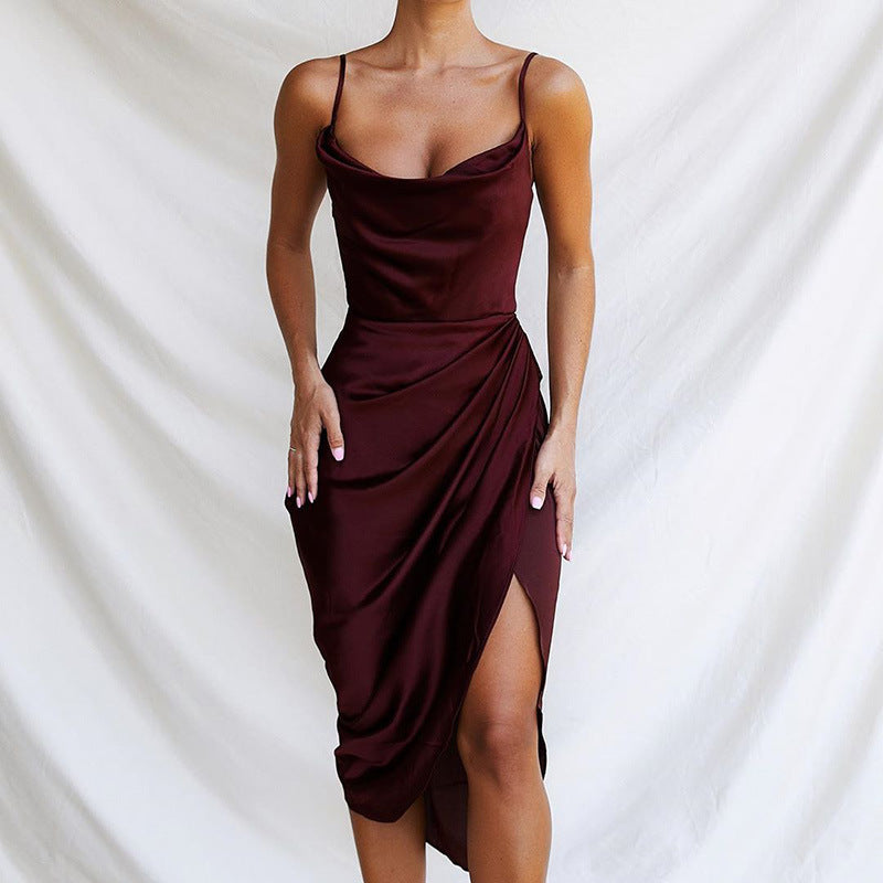 2025 fashionable sexy foreign trade slit satin european and american dress slim fit elegant sexy spaghetti strap slit dress