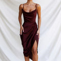 2025 fashionable sexy foreign trade slit satin european and american dress slim fit elegant sexy spaghetti strap slit dress