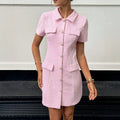 new arrivalfrench tweed style round neck short sleeve knitting pink dress