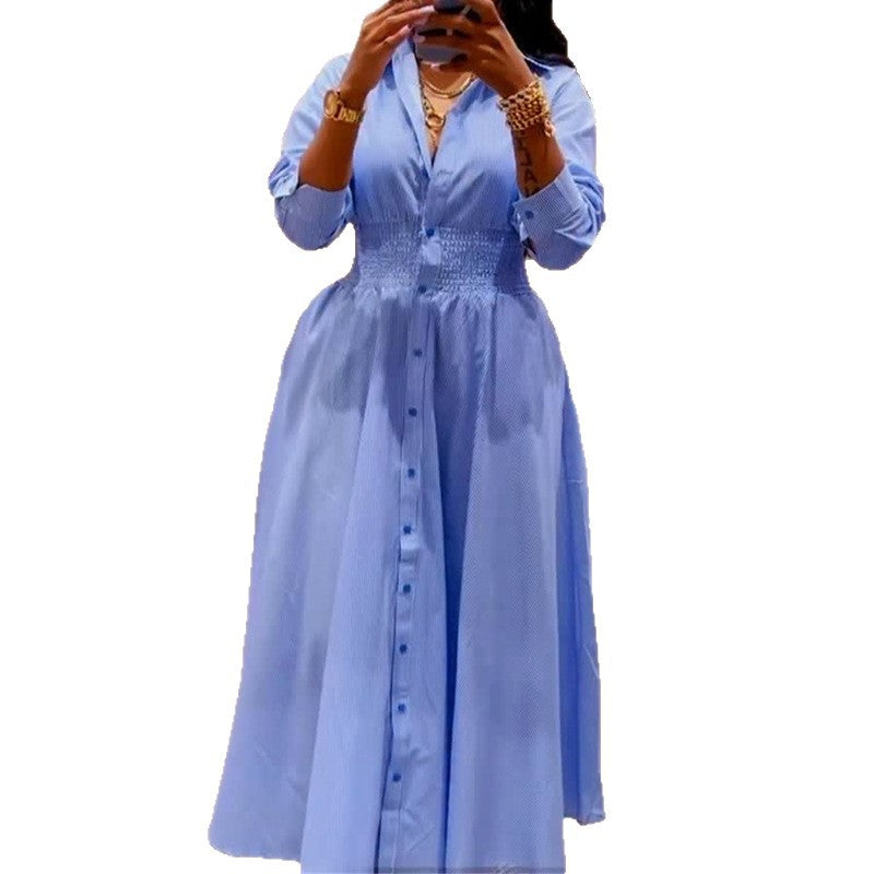 European and american cross-border women's fashion:  autumn new arrival - elegant lapel blue striped long-sleeve midi shirt dress