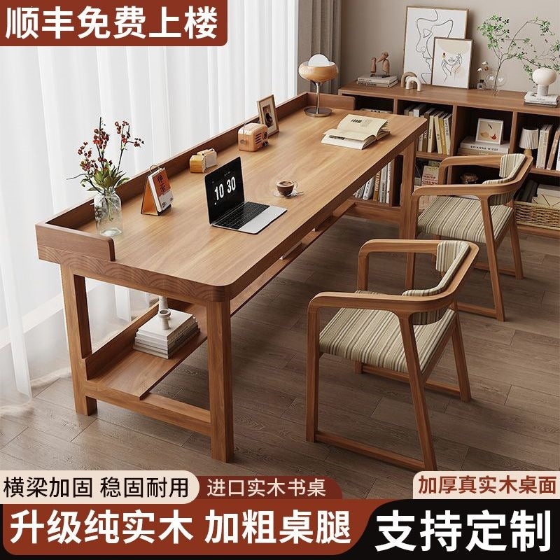 Solid wood rectangular desk - living room, bedroom, study - double seater study table - double layer, wall-mounted, thickened computer desk - natural wood finish