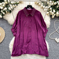 European fashionable tops for women design sense heavy industry inlaid diamond polo collar bat sleeve single breasted loosecasualshirt women