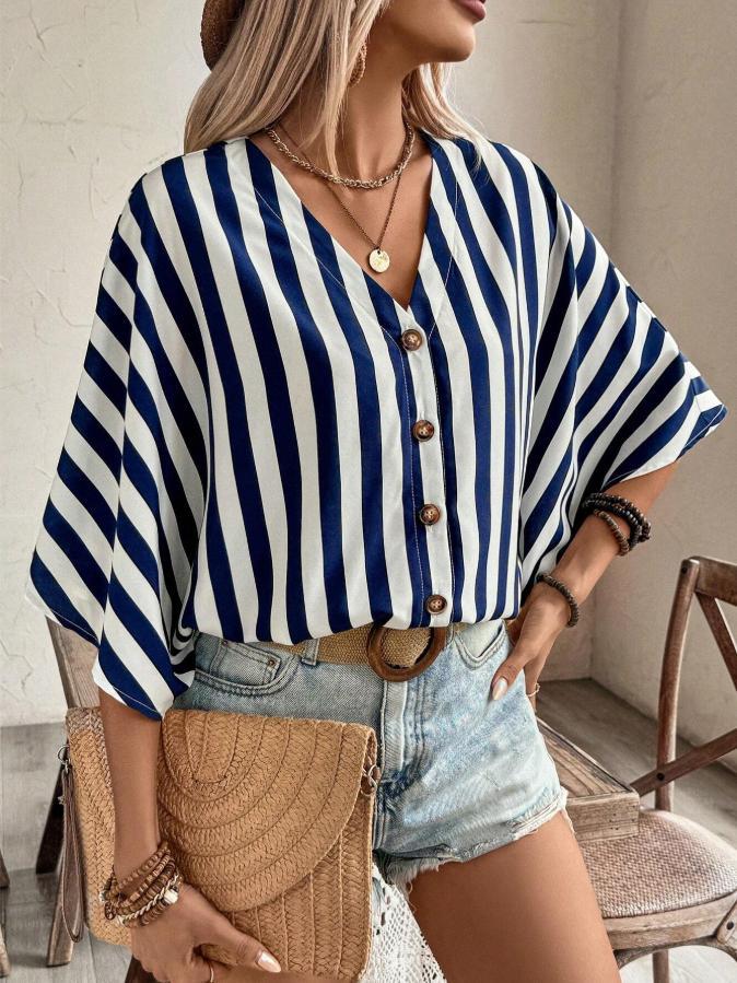 european and american cross-border  new autumn elegant v-neck loose short-sleeve printed solid color women's blouse