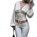 independent station fashion women's autumn new arrivalpure colortie backv necklong sleevest-shirttops