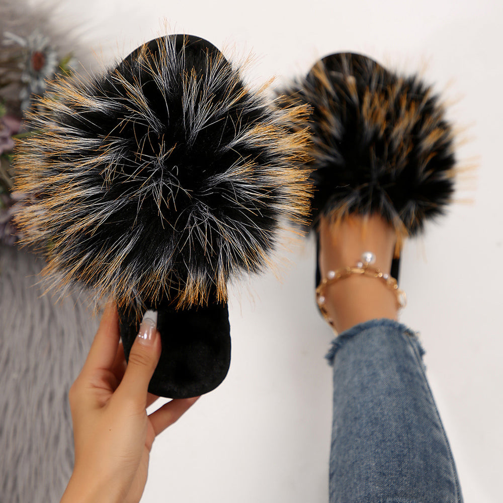 Faux fox fur slippers - stylish furry slippers for women, perfect for indoor and outdoor wear, non-slip, wholesale ladies' sandals