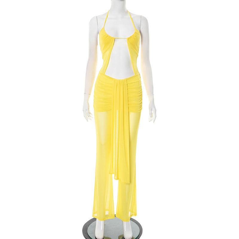 summer new arrivals: trendy and chic open-bust, figure-flattering, tie-up back, suspender strap, mesh, flare leg jumpsuit