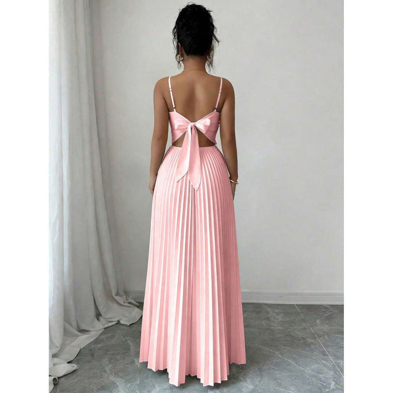 Amazon european goods summer fashion elegant solid color pleated waist-defining long slip dress