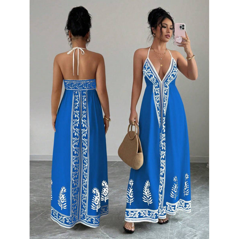 Amazon bohemian chic beach vacation print v-neck backless maxi slip dress