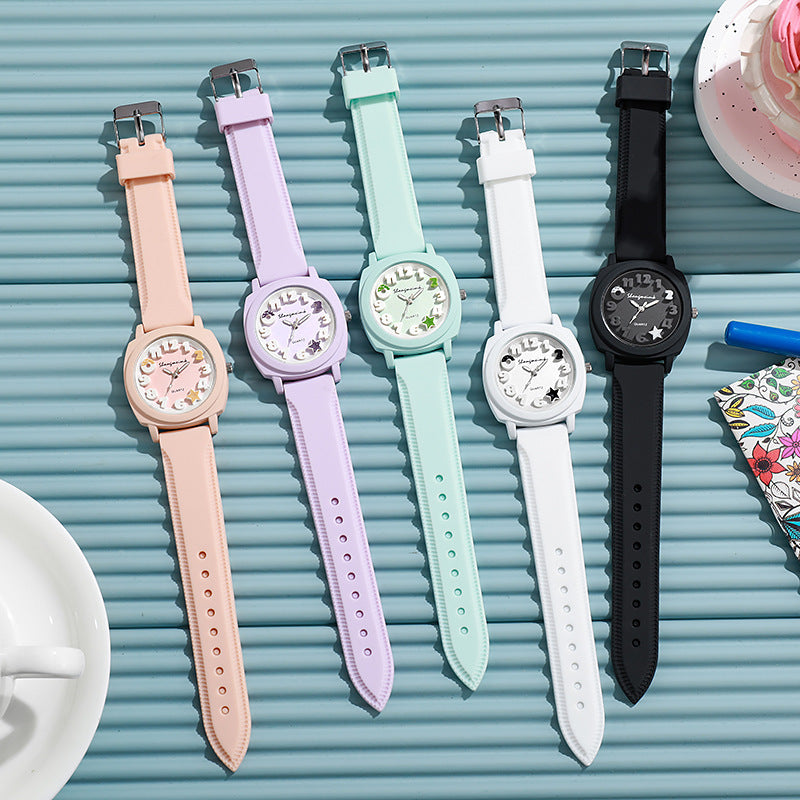 Wholesale foreign trade silicone embossed watch fashion casual women's square quartz watch with simple candy color strap