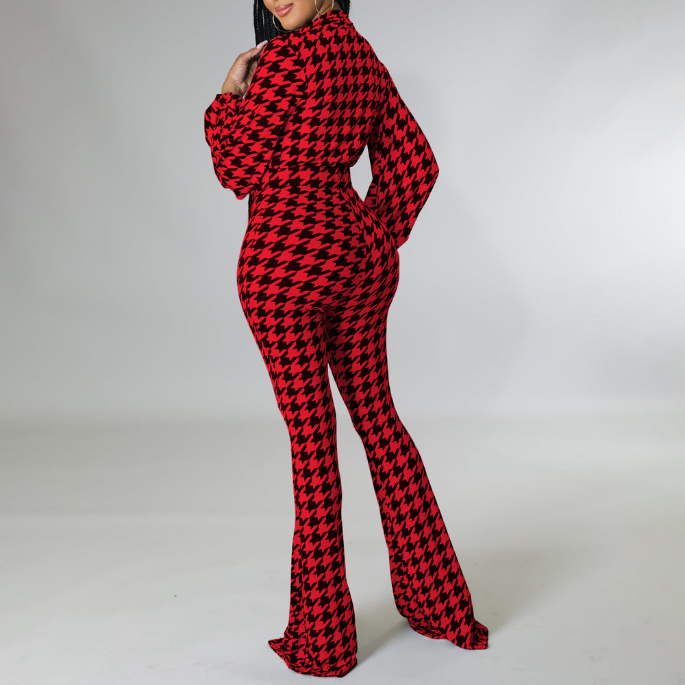 C8559 cross-border women's fashion  autumn/winter new arrival v-neck puff sleeve cinched waist printed wide-leg plus size african jumpsuit