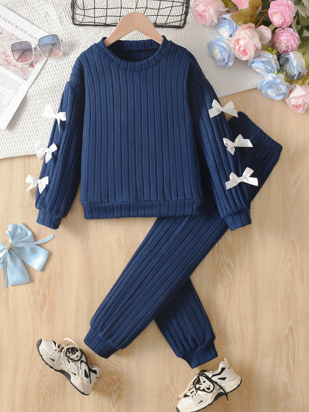 girl's pants suit navy blue pit stripes round neck sweatshirt jogger pants sports pants bowspatchworktwo-piece set