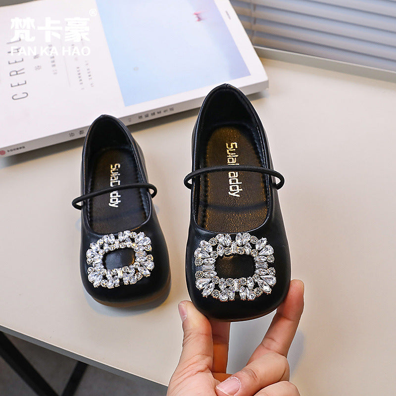 Girls' leather shoes - new spring collection: stylish square-toe ballet flats with rhinestone detail, slip-on design, and non-slip sole