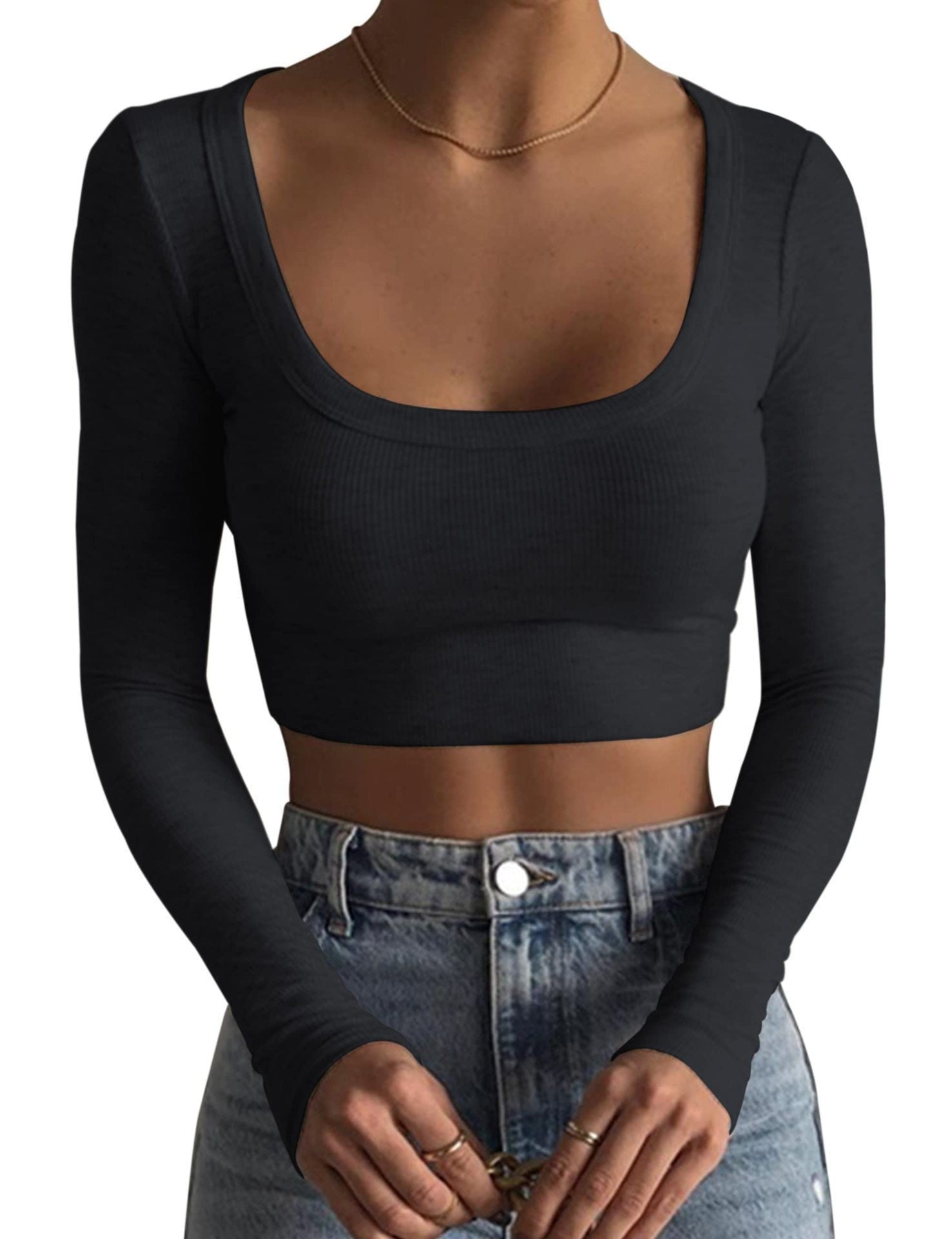 2024 new product  Europe and America, large round neck long sleeve threaded pure cotton ultra-short slim and thin T-shirt with exposed navel base.
