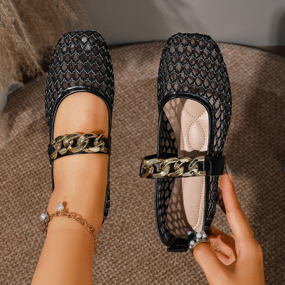 Exportplus size spring and summer new arrival soft bottom breathable mesh flats women's flatscut out metal chain casual mesh shoes