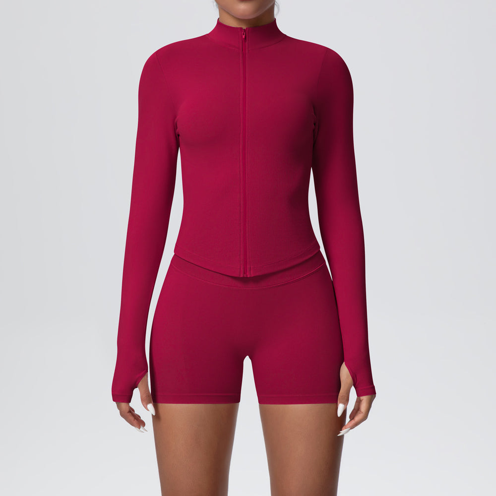 New seamless stand collar knit long sleeve zipper yoga outfit high waist tight sports outdoor running fitness set for women