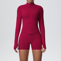 New seamless stand collar knit long sleeve zipper yoga outfit high waist tight sports outdoor running fitness set for women
