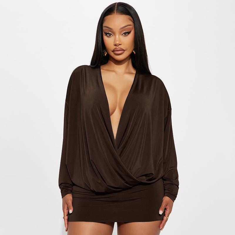 cross-border fashion: european & american style women's autumn/winter new arrivals - solid color, trendy deep v-neck, long sleeve, cinched waist, sexy bodycon dress