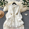 Frenchretro lapel strap waist dress women's spring autum mint green lacepatchwork a-line skirt work clothing