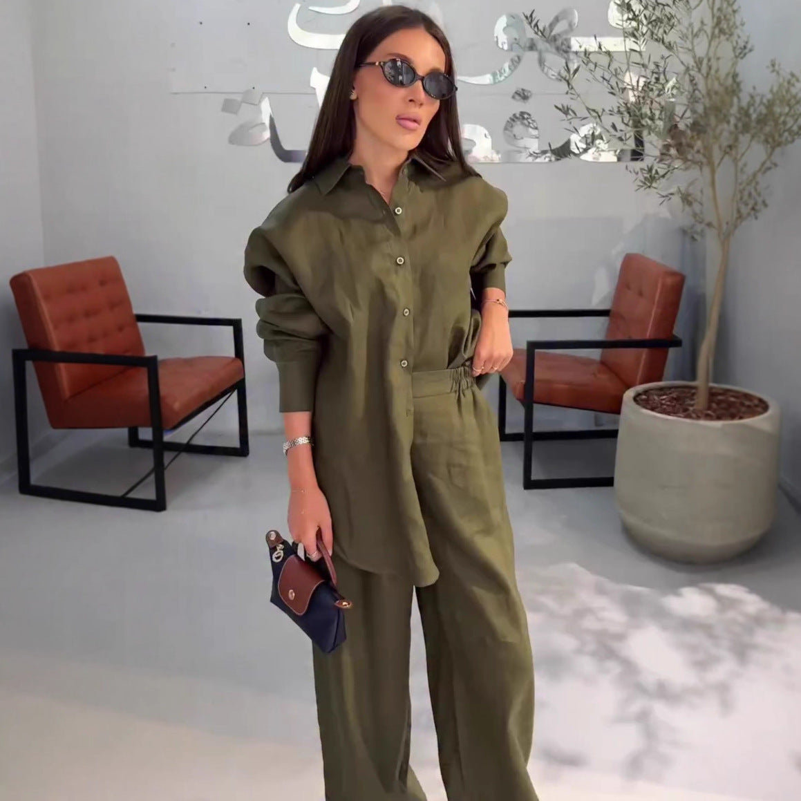 Cross-border European and American solid color long-sleeved cardigan shirt set women's  foreign style fashion women's casual trousers two-piece set