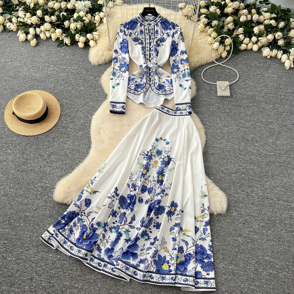 Palace style suit skirt for women new arrivalfrench waist puff sleeve printingtopshigh waist large hem long skirt