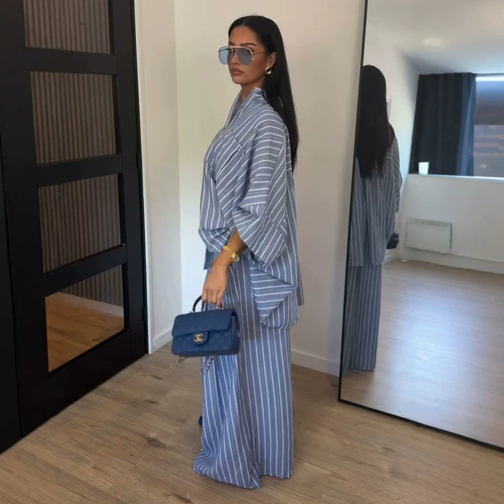 European and american cross-border women's clothing  summer new fashion loose plus size striped shirt wide leg pants casual set