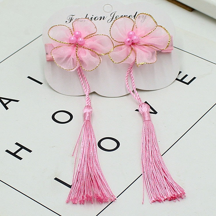 Hair accessories, hairpins, kids, girls, han dynasty accessories, gold edge tassels, costumes, ribbons, chinese style, antique style, pink