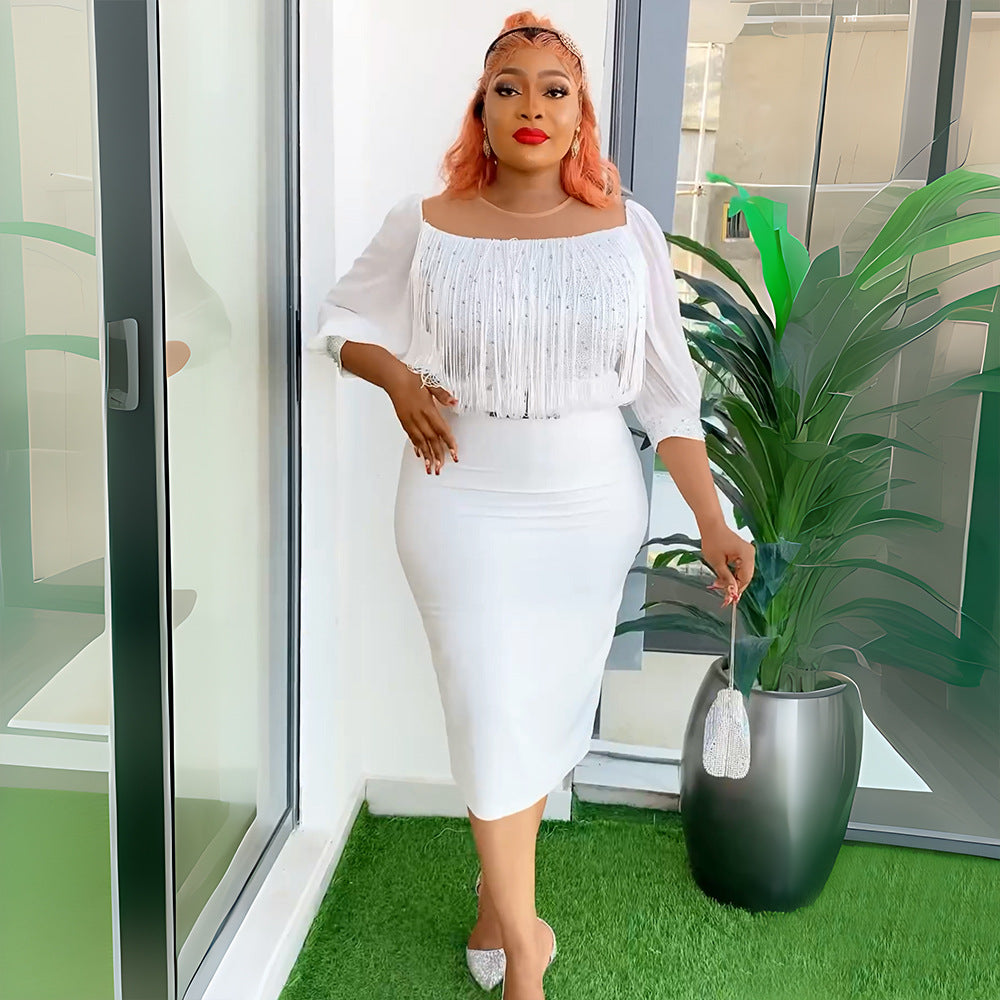 European and american fashion women's workwear elegant bodycon skirt african   plus size tassel dress