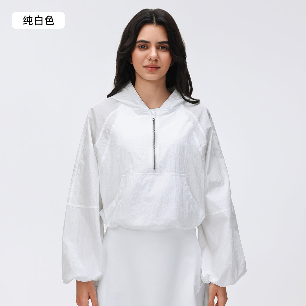 Spring half-zip hooded athletic windbreaker - women's short, loose-fit, versatile outdoor running & fitness jacket - d26004