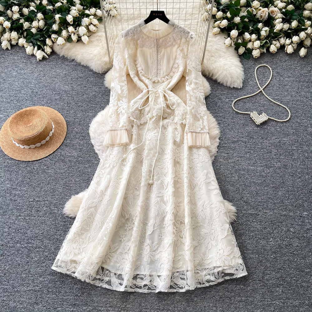 Korean style lace design elegant dress - women's summer long sleeve slim fit a-line dress - chic, professional, and high-end