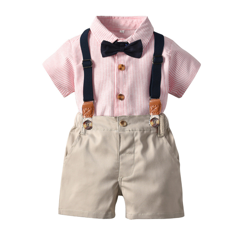 children's clothing set, korean style, boys' short-sleeved striped shirt, cotton overalls, performance outfit, gentleman's first birthday suit