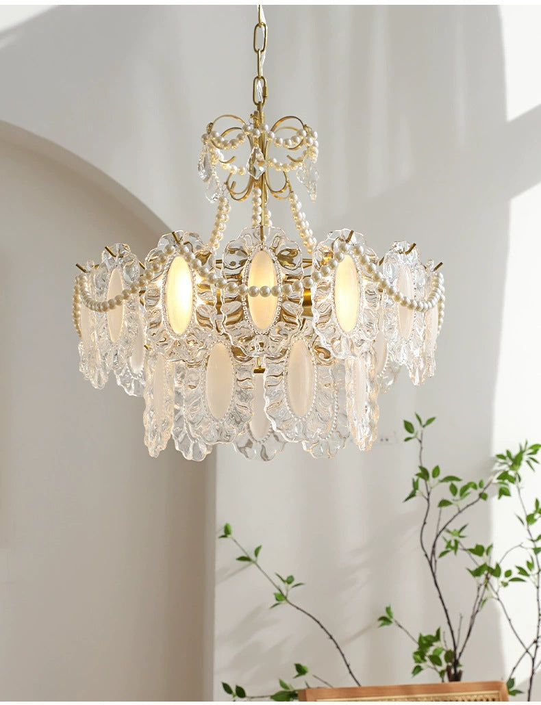 French Gorgeous Retro Pearl Glass Dining Room Bedroom Lighting Cream Wind Premium Light Luxury Crystal Living Room Chandelier