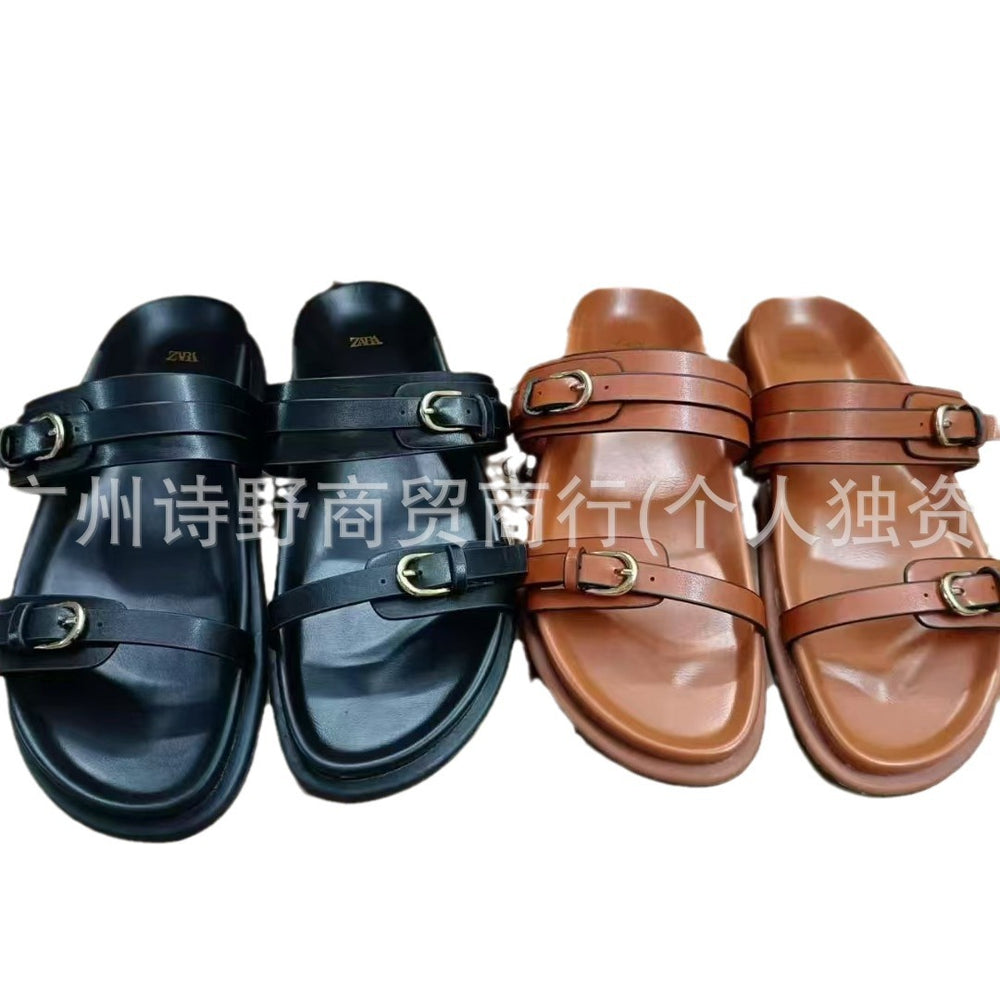 2024zaexportnew arrival women's shoes round toe one-piece buckle fashionflats shoes sandals home outwear