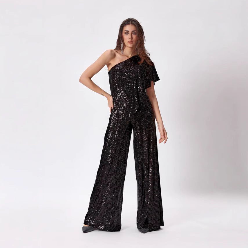 European and american cross-border women's high-end sleeveless bodycon belted dress, amazon one-shoulder sequin ruched jumpsuit