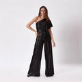 European and american cross-border women's high-end sleeveless bodycon belted dress, amazon one-shoulder sequin ruched jumpsuit