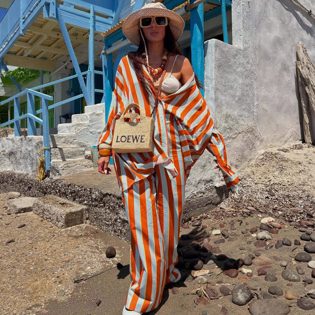 Cross-border European and American striped suit women's long-sleeved cardigan fashion casual shirt trousers  new large size two-piece set