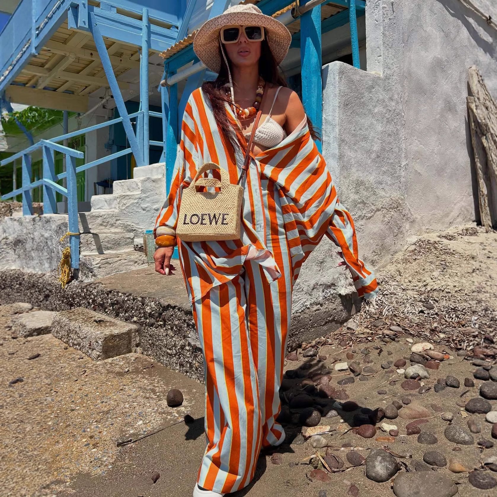 Cross-border European and American striped suit women's long-sleeved cardigan fashion casual shirt trousers  new large size two-piece set