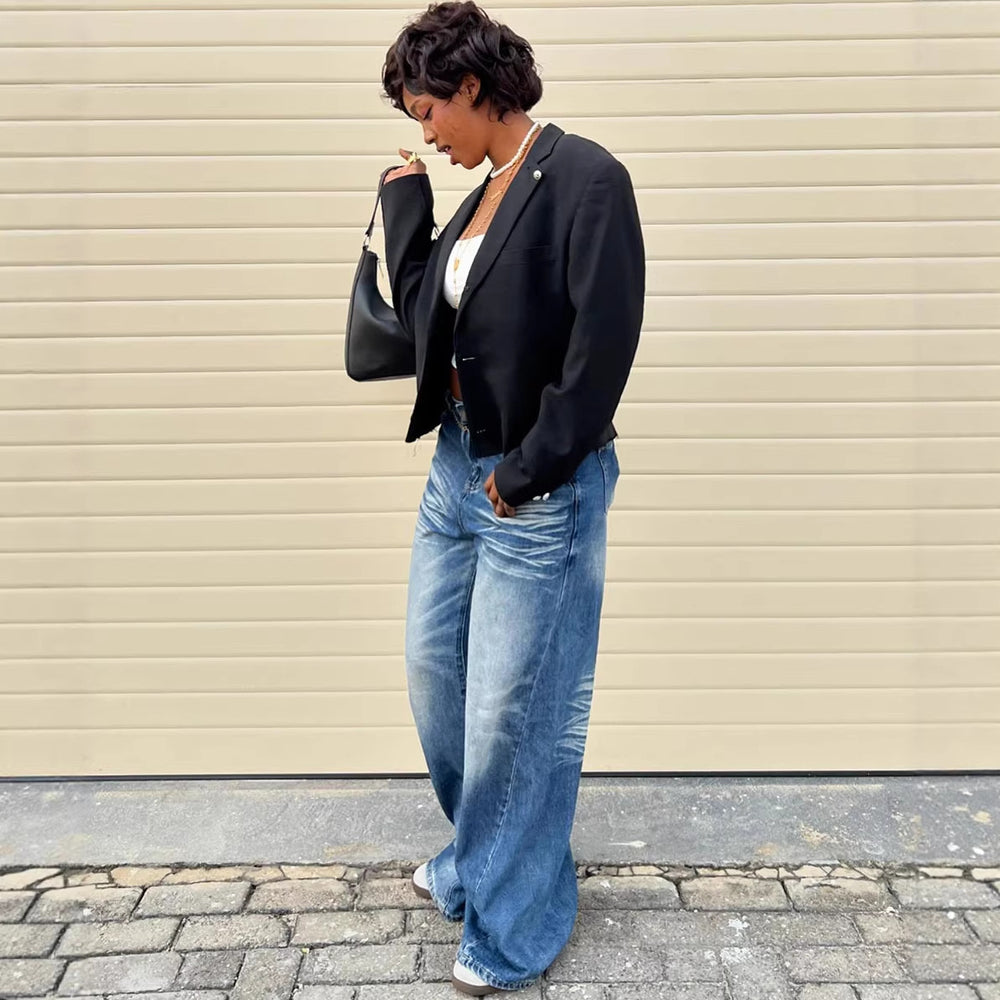 European and american women's casual jeans -  cross-border women's fashion streetwear - monkey wash wide leg casual trousers