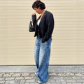 European and american women's casual jeans -  cross-border women's fashion streetwear - monkey wash wide leg casual trousers