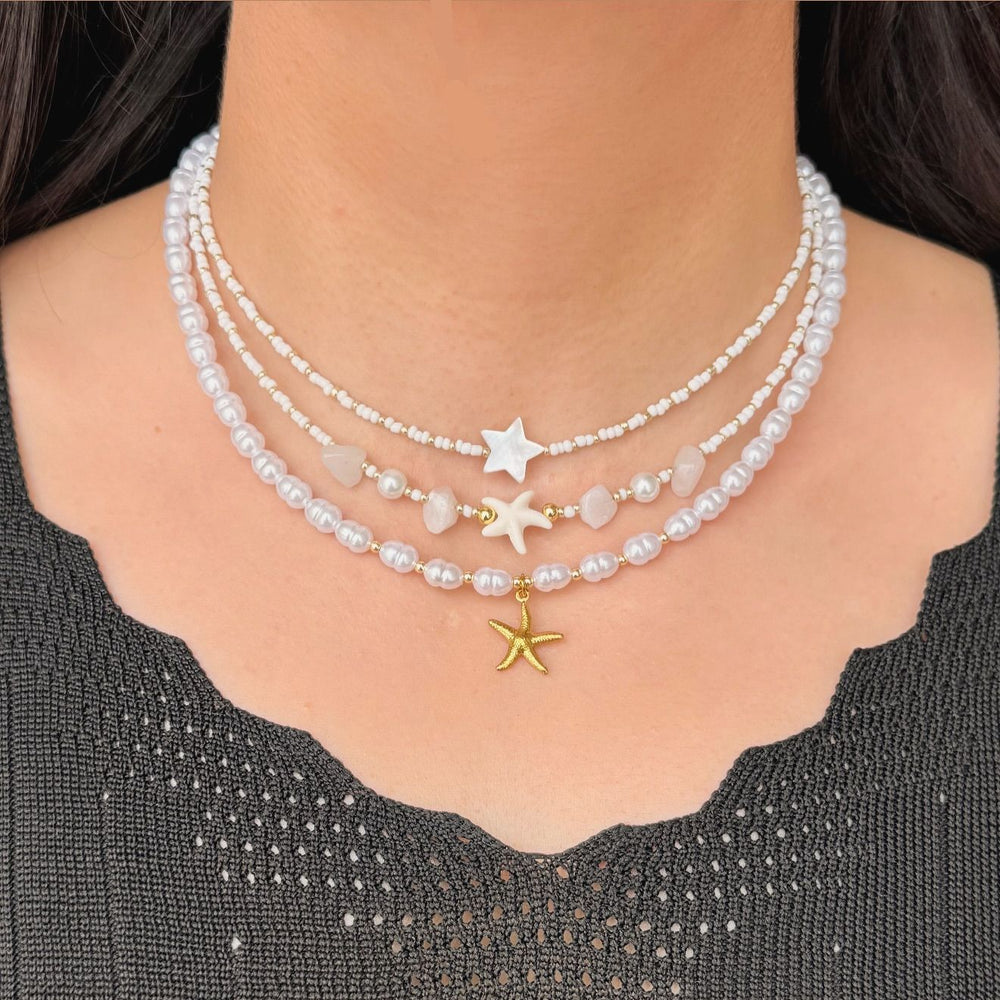 Wholesale resort-style necklaces, european and american cross-border niche luxury accessories, bohemian-style pearl and starfish sweater chains