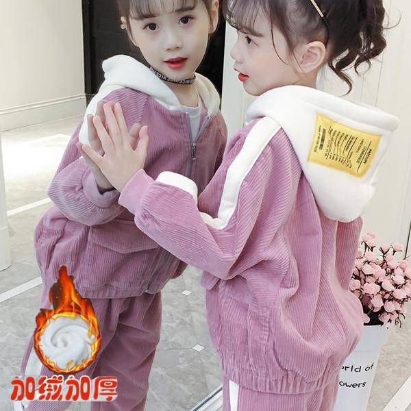 Girls' corduroy outfit set - autumn/winter  new collection - fleece-lined, thickened, stylish two-piece set for mid-to-large children