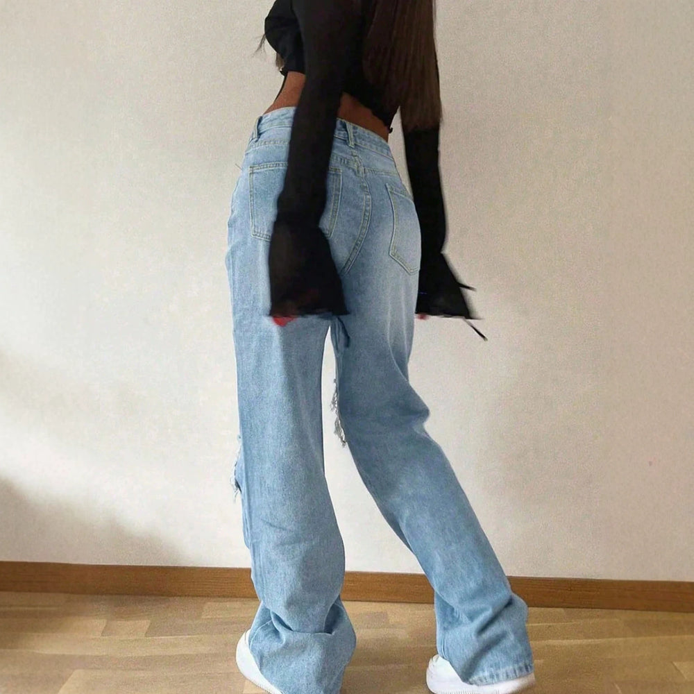 Fashionjeans women's ripped high waist wide leg mop pants american retro washed loosestraight-leg beggar pants