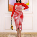 D223: plus size fashionable printed patchwork mesh office dress with belt - european & american style, perfect for cross-border e-commerce