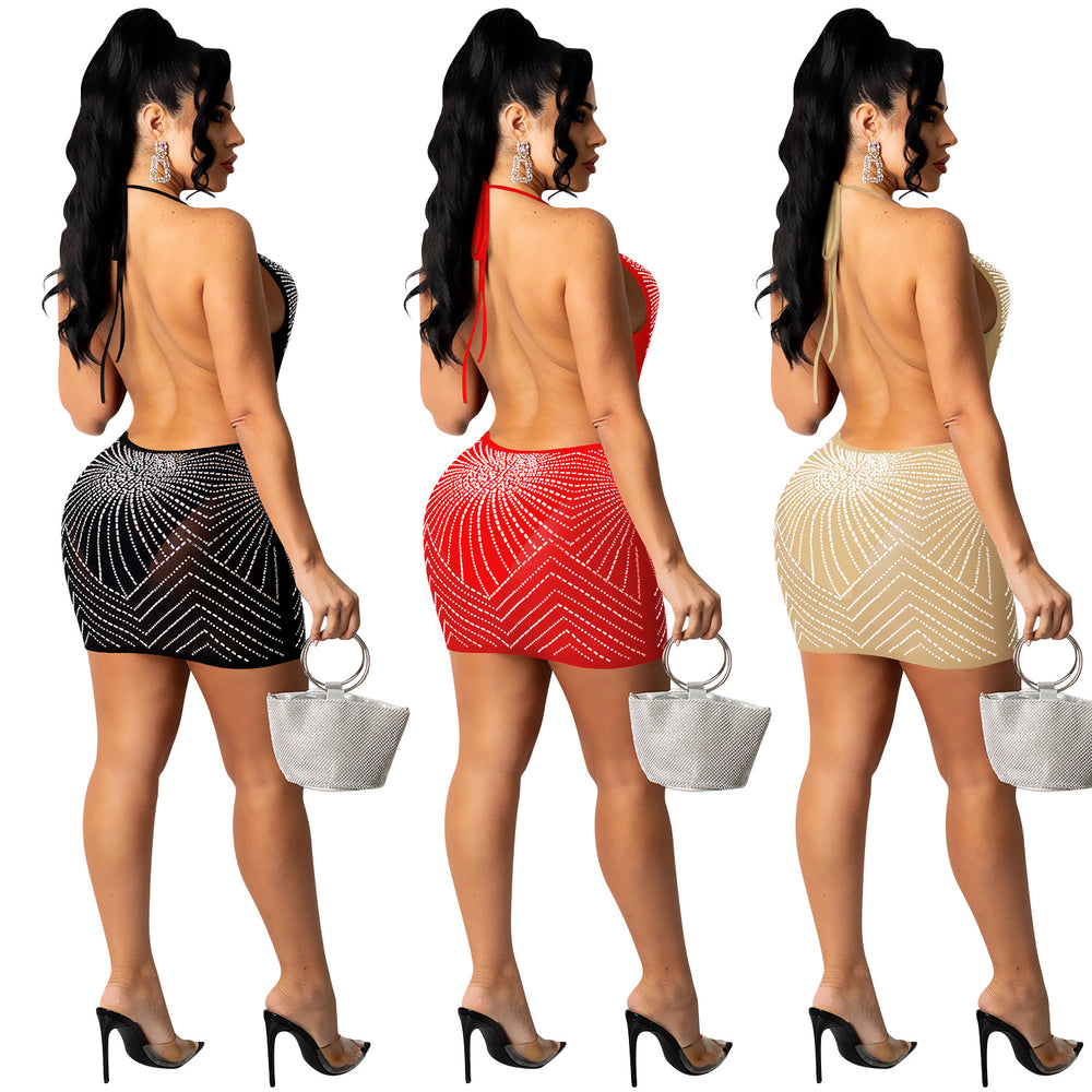 X5251 cross-border fashion new product nightclub sexy hot diamond mesh see-through solid color suspender v-neck women's dress