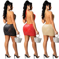 X5251 cross-border fashion new product nightclub sexy hot diamond mesh see-through solid color suspender v-neck women's dress