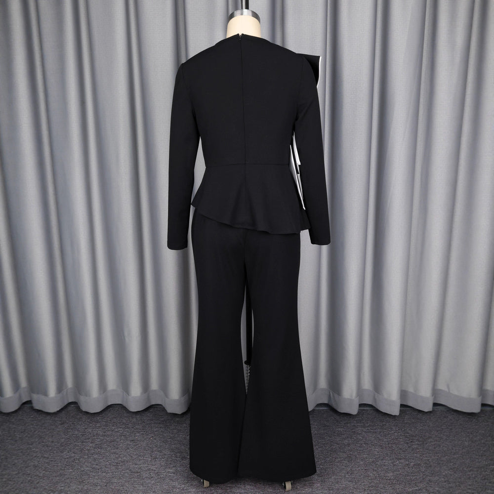 European and american color block ruffle trim long sleeve slim fit top and flare pant two-piece set